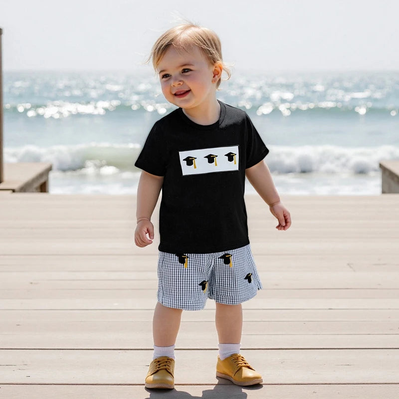 Cute 2 Piece Summer Outfits with Graduation Cap Embroidery Short Sleeve T-Shirt and Plaid Shorts Set for Baby Girl or Boy