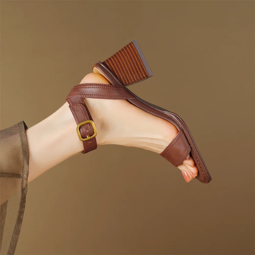 Women's genuine leather sandals narrow band ankle strap 6cm thick med heel open toe summer pumps heels casual shoes for women 42