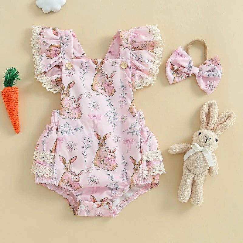 2025-01-02 Lioraitiin Baby Girls Easter Outfits Flower Bunny Print Lace Trim Flying Sleeve Spring Romper with Bow Headband Set