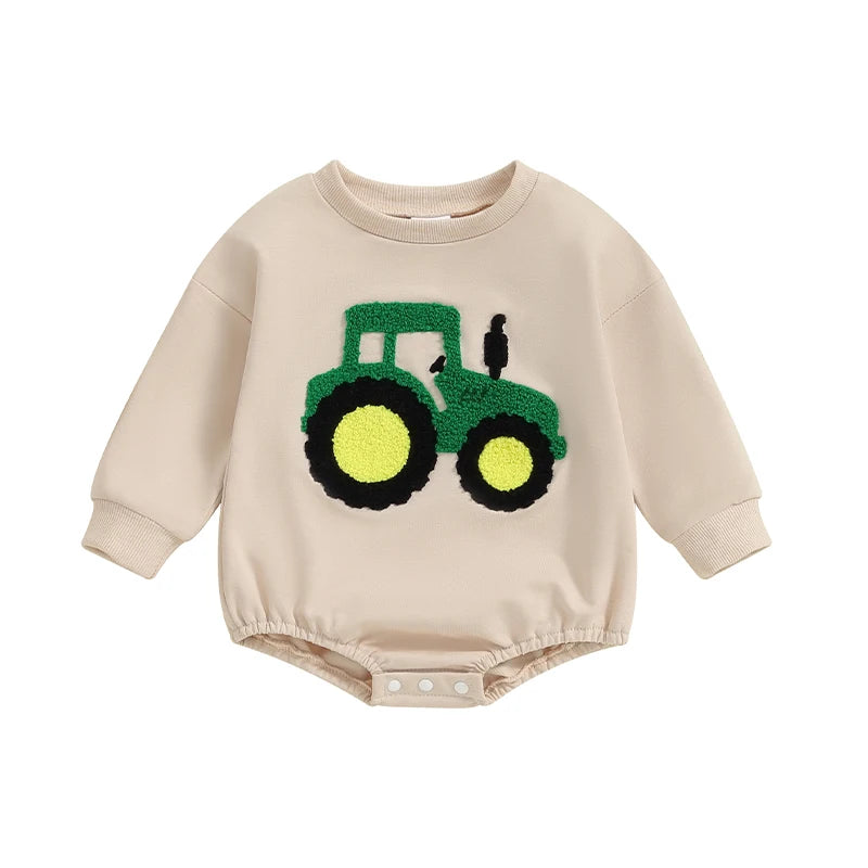 2024-05-08 Lioraitiin Baby Girls Boys Autumn Romper Long Sleeve Crewneck Tractor Embroidery Casual Playsuit