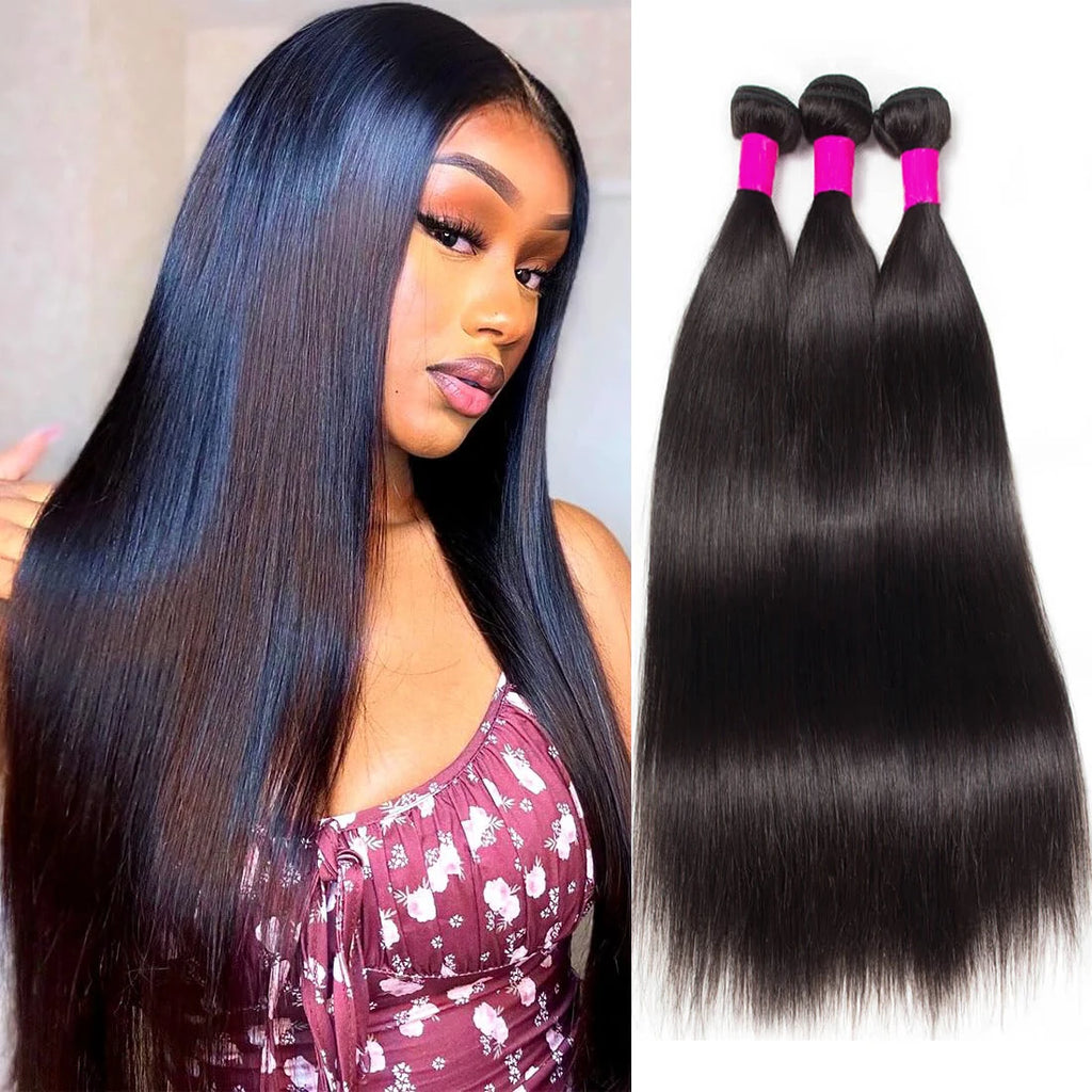 Straight Human Hair Bundles Brazilian Remy Hair Weave Bundles 1/3/4 PCS Natural Black 14-30 Inch Human Hair Extensions