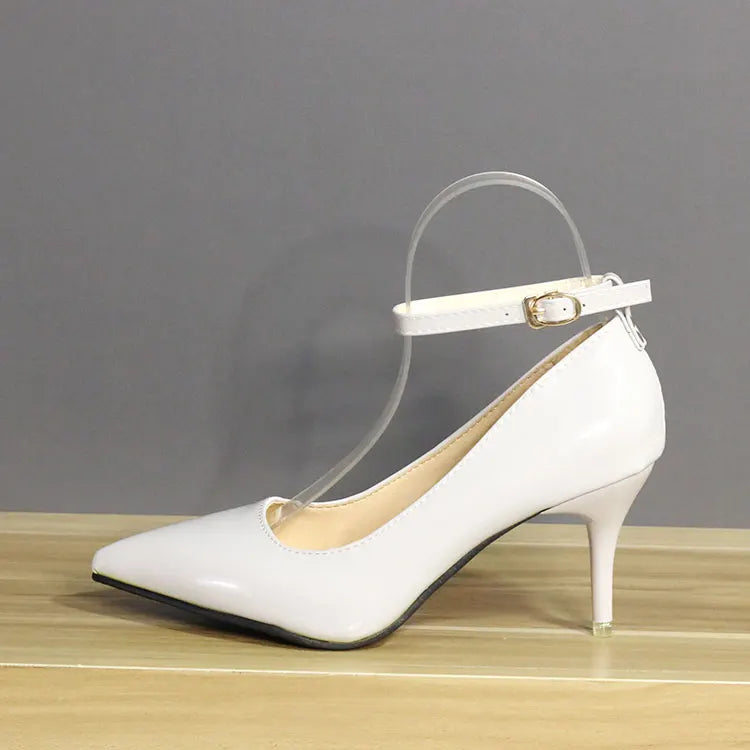 One Word Buckle High Heels 2025 Spring New Patent Leather Stiletto Heel Work Pumps Large Pointed Shallow Mouth Women's Shoes
