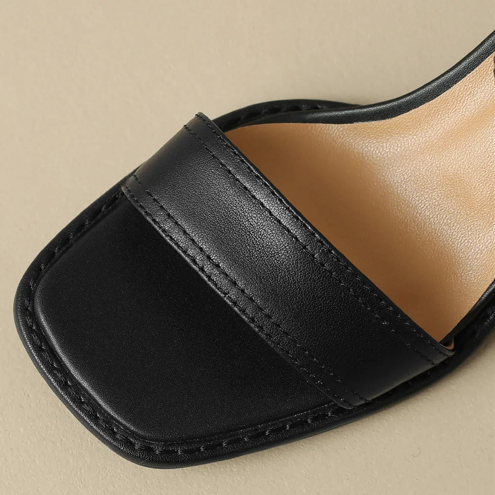 Women's genuine leather sandals narrow band ankle strap 6cm thick med heel open toe summer pumps heels casual shoes for women 42