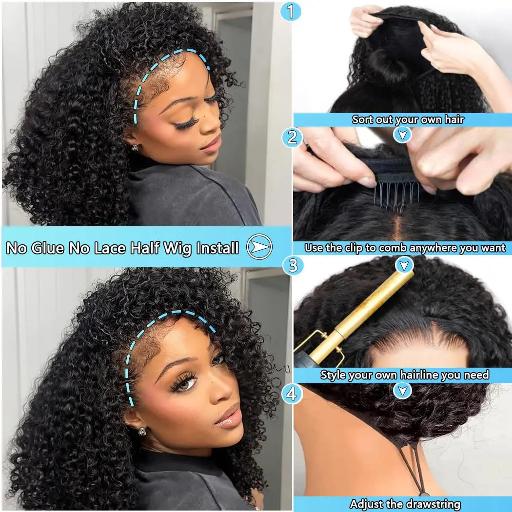 Half Wig 26 Inches Human Hair 3 in 1 Shaggy Waves Flip Over Drawstring Wig 250% Density Glueless Wigs Natural Black Ready to Go