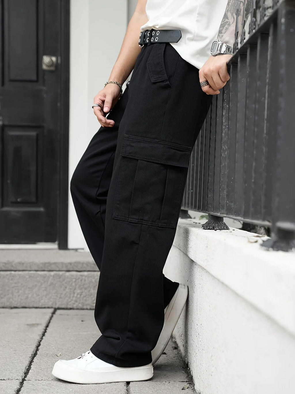 Men's multi pocket denim work pants straight leg denim pants