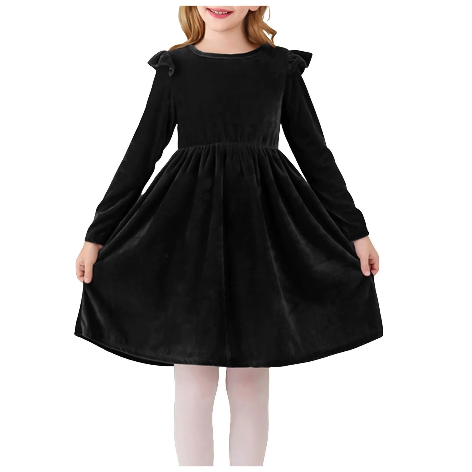 Girls Casual Velvet Dress Ruffled Long Sleeve Spring Fall Dress Evening Party Dress Winter Frilly Dresses For Little Girls