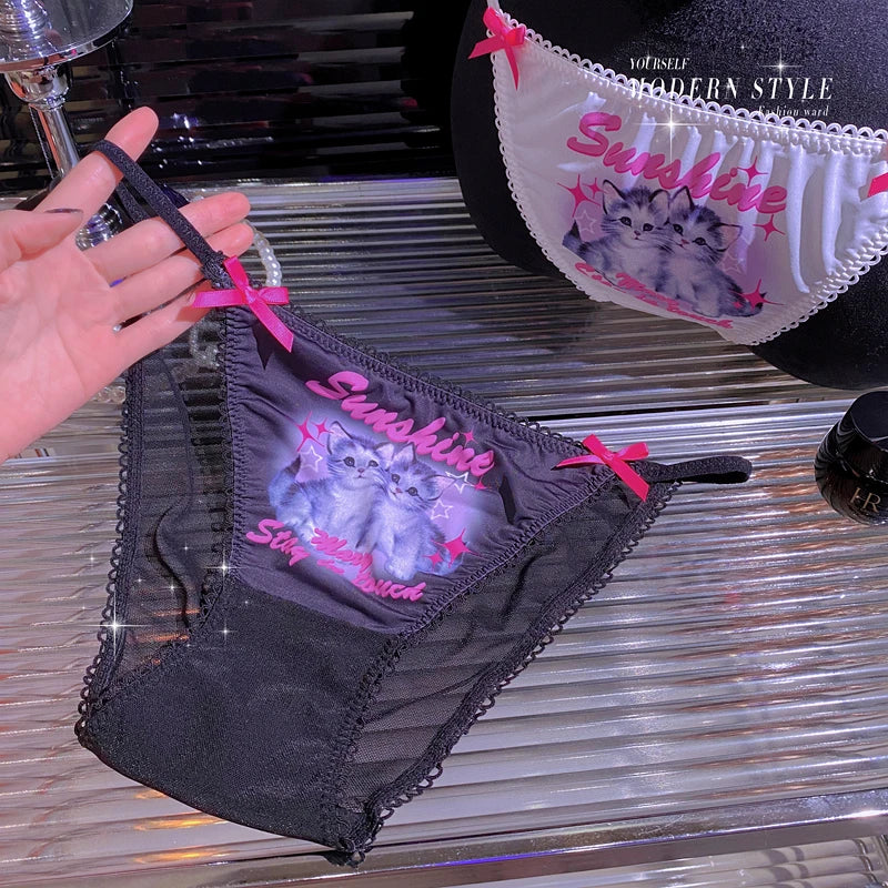 Ice Silk Cute Cat Girls Panties Thin Sexy Japanese Women Briefs Lady Thong Underwear Female Low Waist G String Lingerie