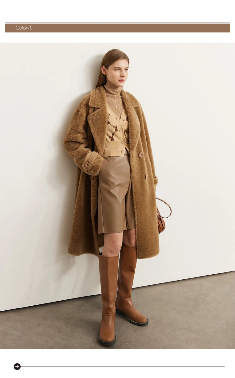 Amii Fur Coat 2025 Winter New Warm Office Lady Turn-Down Collar Full Wool Outerwears Straight Double-breasted Coat 12554013