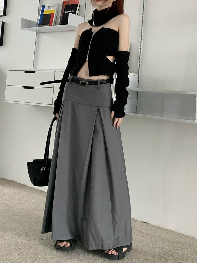 Qiukichonson Grey Midi Long Skirts Womens Trousers Skirt 2022 Autumn Winter Goth Lolita High Waist Asymmetrical Pleated Skirts