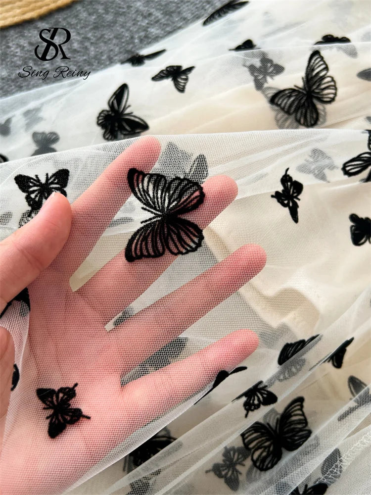 SINGREINY 2024 High Qulaity Embroidery Long Skirt Ladies Elastic Waist Butterfly Print Streetwear A Line Loose Mesh Party Skirt