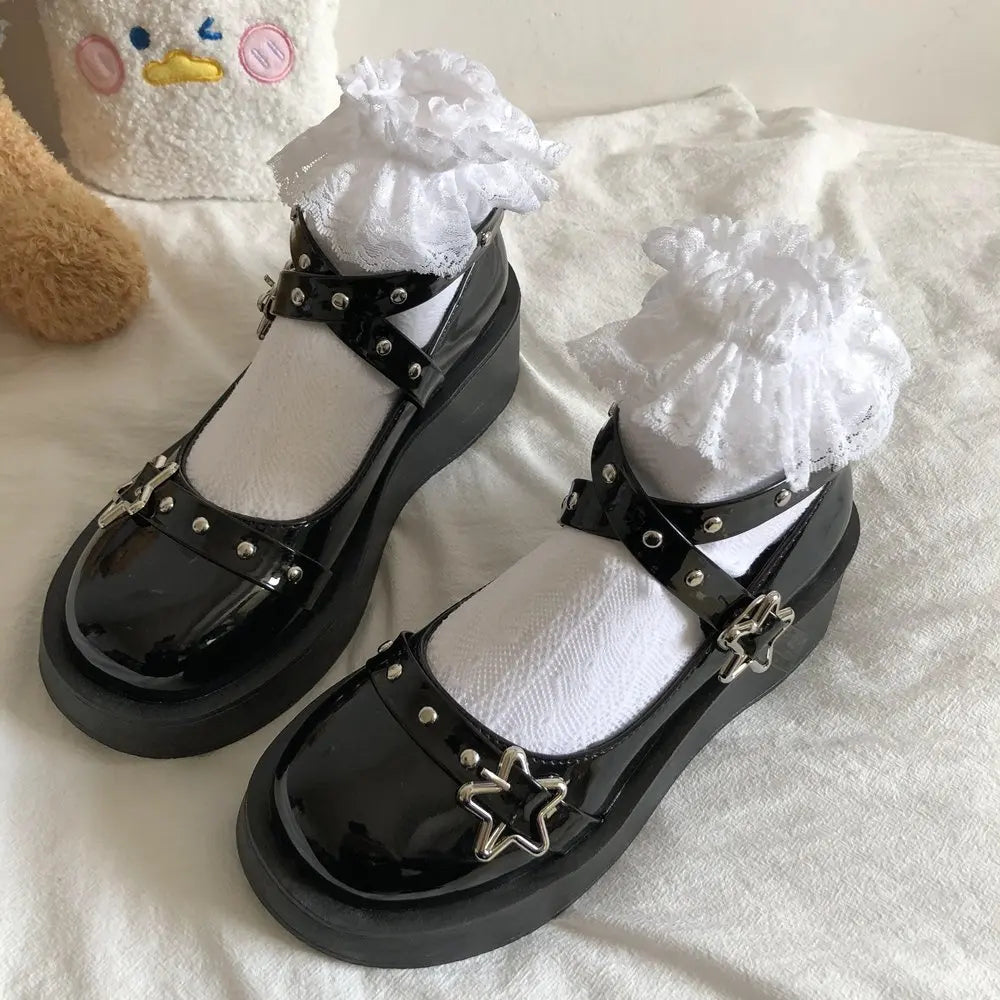 Women heels Lolita shoes platform mary jane Shoes Star Buckle Strap Mary Janes Women Cross-tied Girls Rivet Casual Shoes kawaii
