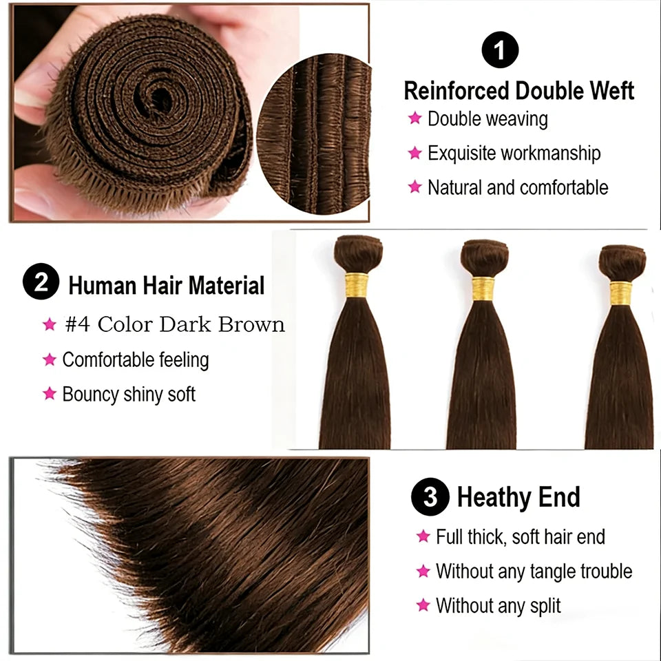 Straight #4 Chocolate Brown Raw Virgin Human Hair Weave Bundles 1/3/4Pcs Indian Bone Straight Extension For Women Sale Clearance