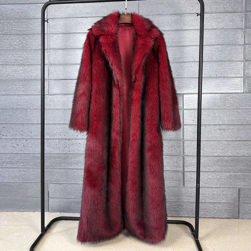 DEAT 2025 winter new fashion high quality Fox Faux Fur long Coat for Women Suit Collar solid color thick warm jacket 11A06914