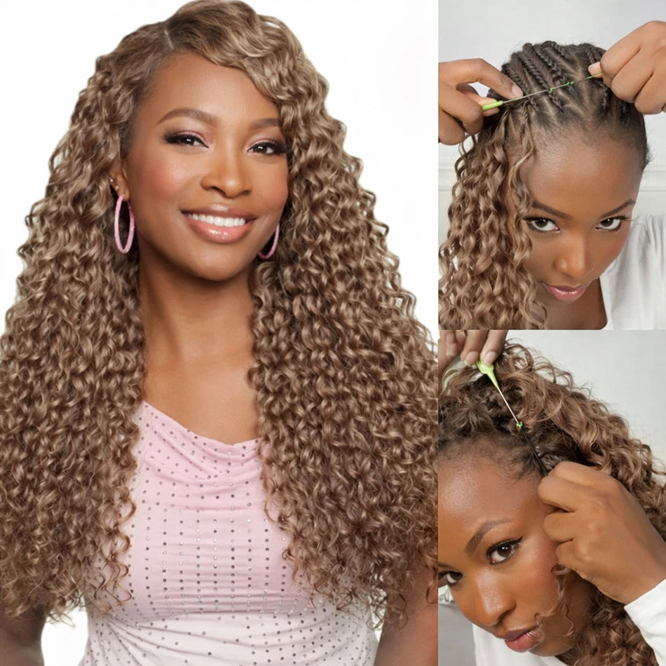 Deep Wave Crochet Hair Extensions Honey Blonde Color Knotless Pre-Separated Human Hair Deep Curly Feather Crochet Braid Hair