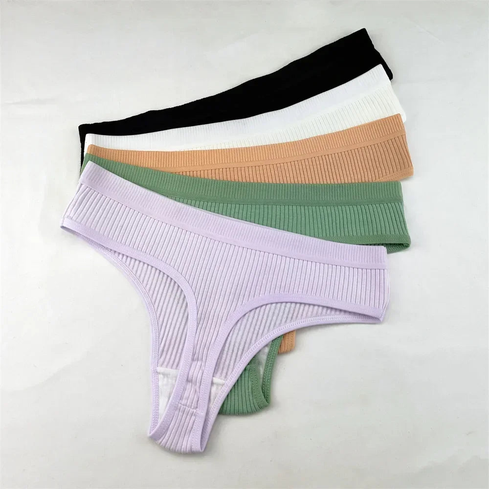 3Pcs/Set Women Thong G String Soft Ribbed Cotton Brazilian Panties Solid Color Low Rise Underwear Female Intimates Lingerie