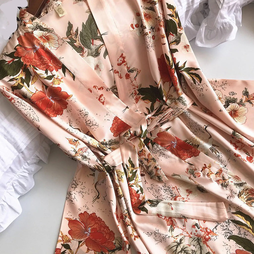 Women's Printed Pajamas Set Homewear Nightdress Trousers Belt Robe Three Piece Suits Sexy Sleepwear Loungewear Pj Sets Pyjama 
