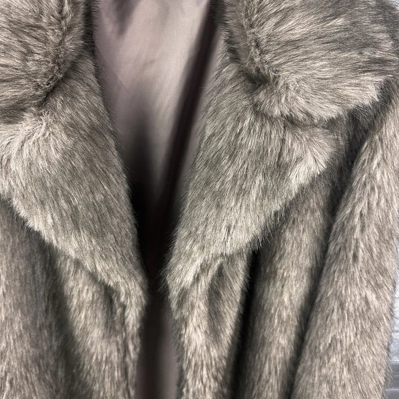 DEAT 2025 winter new fashion high quality Fox Faux Fur long Coat for Women Suit Collar solid color thick warm jacket 11A06914