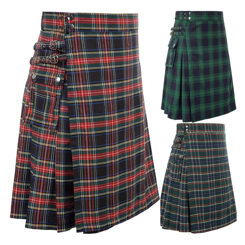 Mens Scottish Plaid Skirts Traditional Highland Tartan Practical Kilt Vintage Pleated Skirt Cosplay Carnival Fancy Party Dress