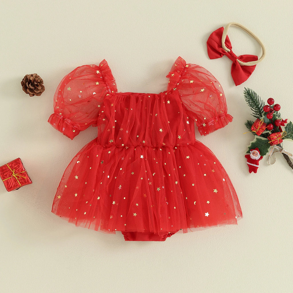 Citgeett Summer Christmas Infant Baby Girls Outfits Short Puff Sleeve Bodysuit Tulle Dress + Headband Set Red Xmas Clothes