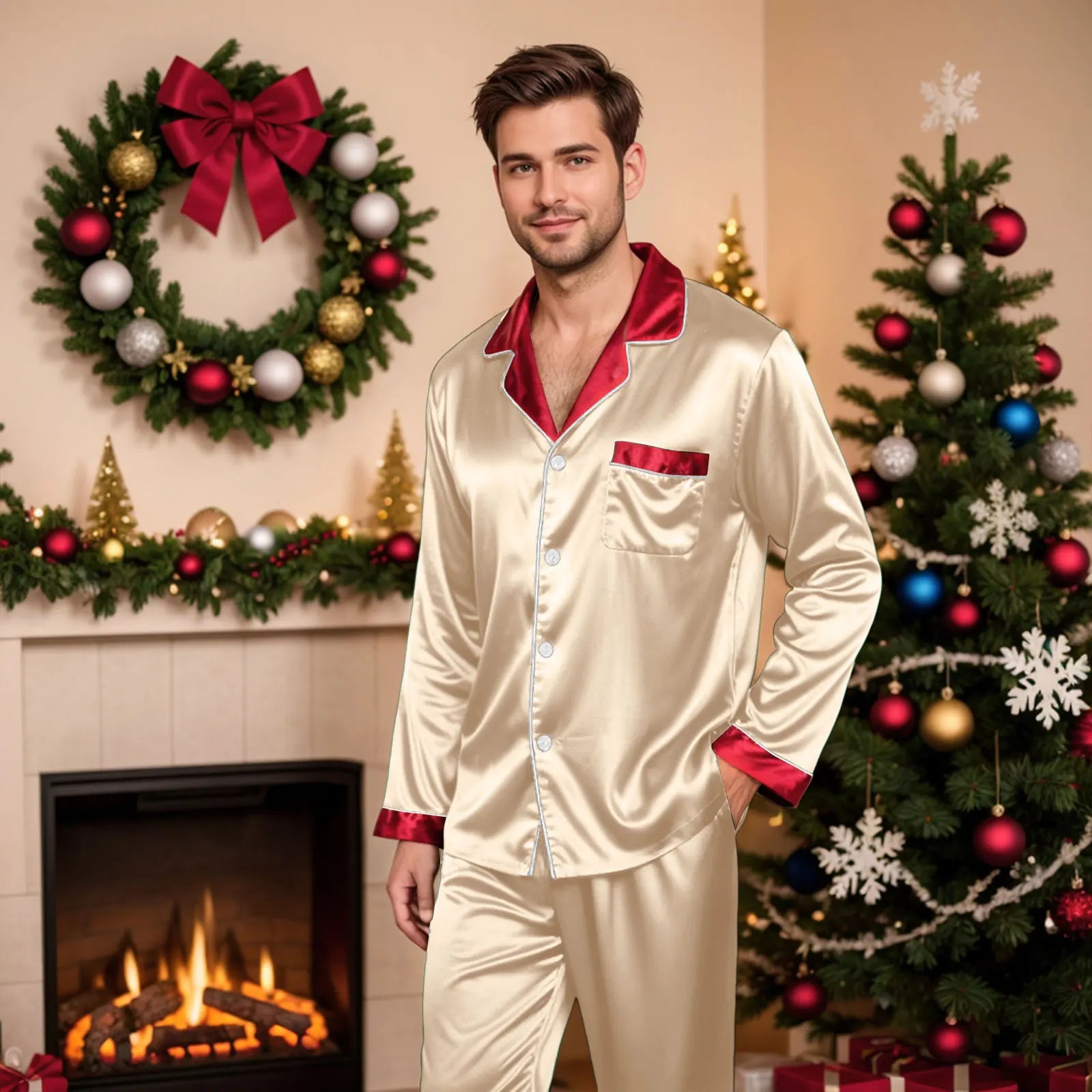 Silk Satin Christmas Family Pajamas Matching Sets Plus Size Lapel Long Sleeve Shirts And Pants Soft Silk Sleepwear Mom Dad Xmas