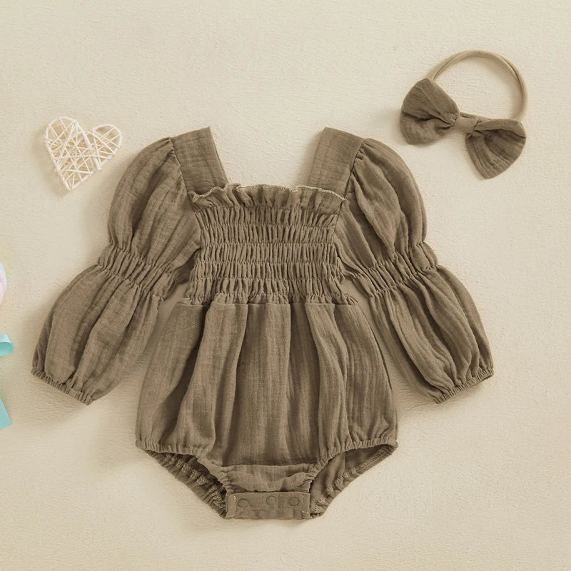 2024-10-29 Lioraitiin Baby Girls Spring Romper Long Sleeve Square Neck Solid Color Romper with Headband