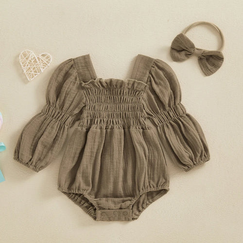 2024-10-29 Lioraitiin Baby Girls Spring Romper Long Sleeve Square Neck Solid Color Romper with Headband