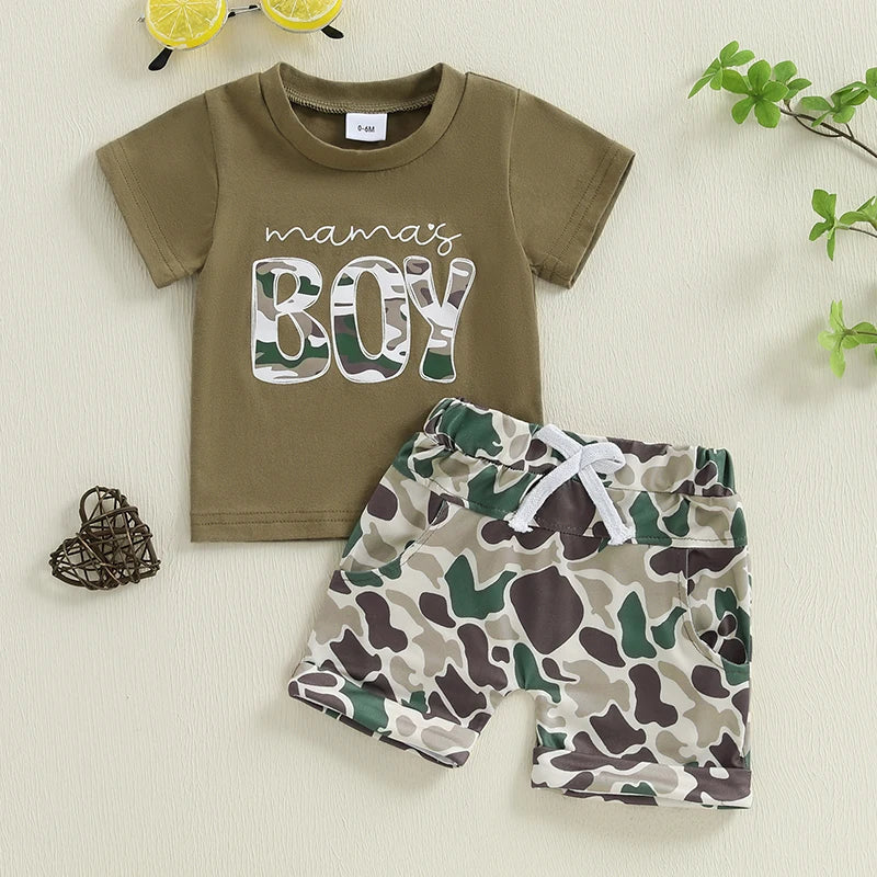 2025-01-13 Lioraitiin Toddler Boys Summer Shorts Sets Short Sleeve O Neck Letter Print Tops and Camouflage Shorts Sets