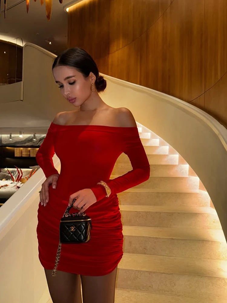 Party Dresses For Women Fashion Sexy Solid Full Sleeves Slash Neck Hip Wrap Folds Sheath Mini Vestidos Robes Female Streetwear