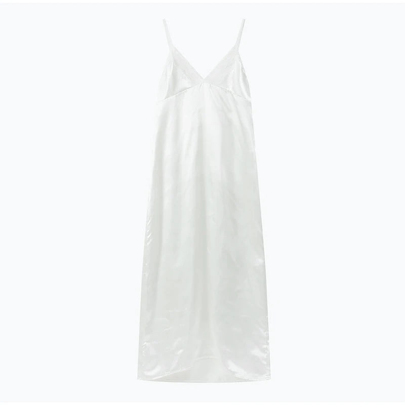 Lace Patchwork Sling Maxi Dress Women Sexy Solid V-neck Sleeveless Backless Satin Slim Dresses 2026 Lady Chic Party Evening Gown