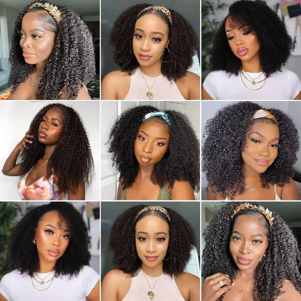250% Half Wigs Human Hair Afro Kinky Curly Headband Wig Upgrade 3 IN 1 Half Wig With Drawstring Seamless Clip Ins Flip Over