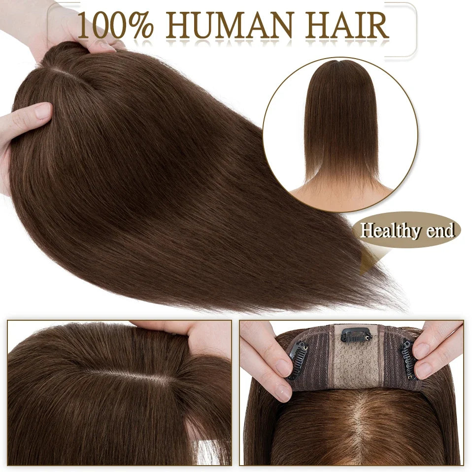 S-noilite Natural Hair Topper Wig for Women 10x12cm with Silk Base 3.5x9cm Human Hair Piece with Bangs Hair Clip Included