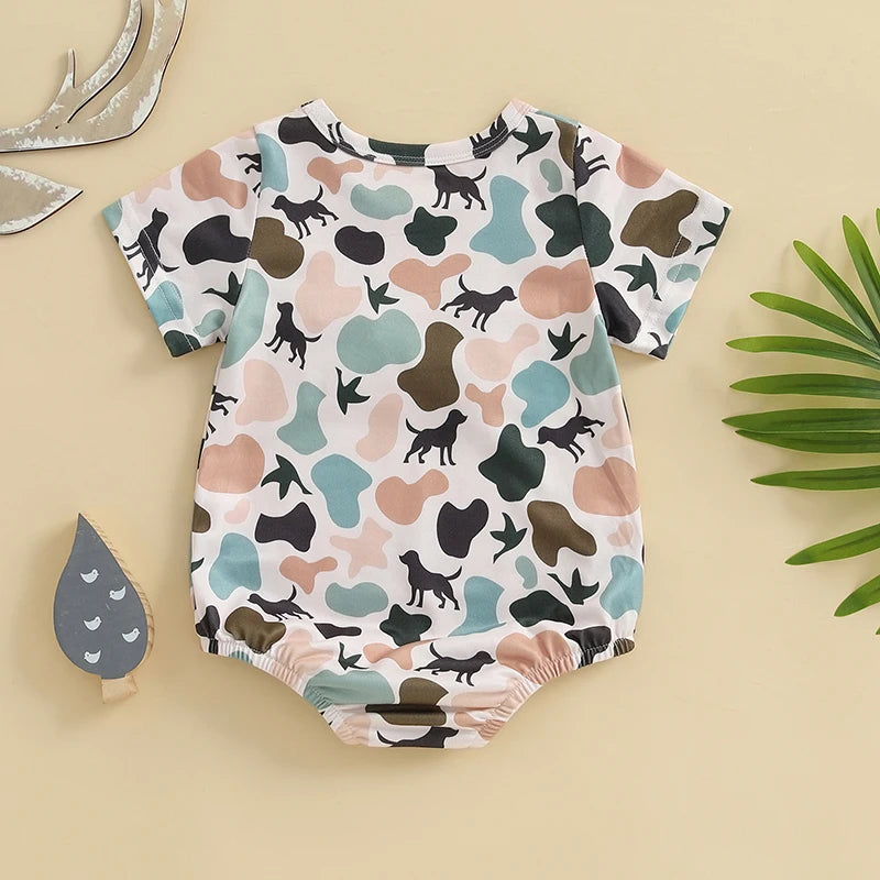 Lioraitiin Newborn Baby Boys Summer Jumpsuit Casual Dog Camouflage Print Embroidery Short Sleeve Romper Cute Clothes