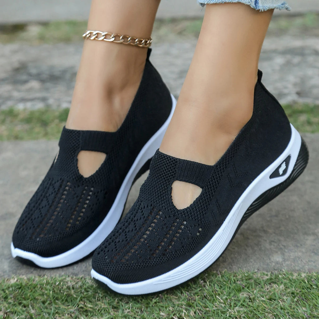 Women's shoes, women's casual shoes, solid color breathable sports shoes, soft-soled lightweight walking shoes, low-top knitted