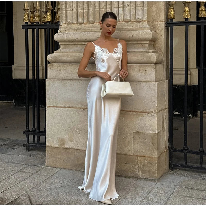 Lace Patchwork Sling Maxi Dress Women Sexy Solid V-neck Sleeveless Backless Satin Slim Dresses 2026 Lady Chic Party Evening Gown