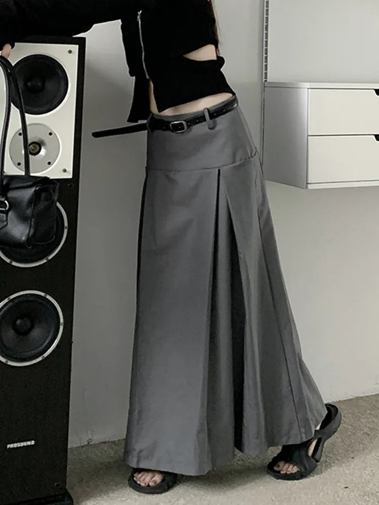 Qiukichonson Grey Midi Long Skirts Womens Trousers Skirt 2022 Autumn Winter Goth Lolita High Waist Asymmetrical Pleated Skirts