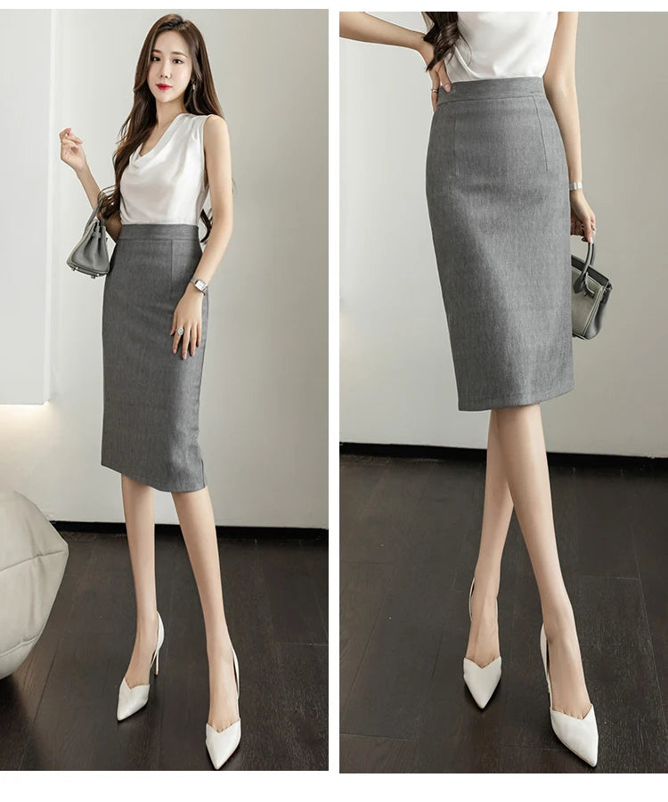 Fahsion Summer Office Black Skirts Women 2024 Elegant High Waist Gray Red Bodycon Skirt Sexy High Waist Midi Mujer Faldas S-2XL