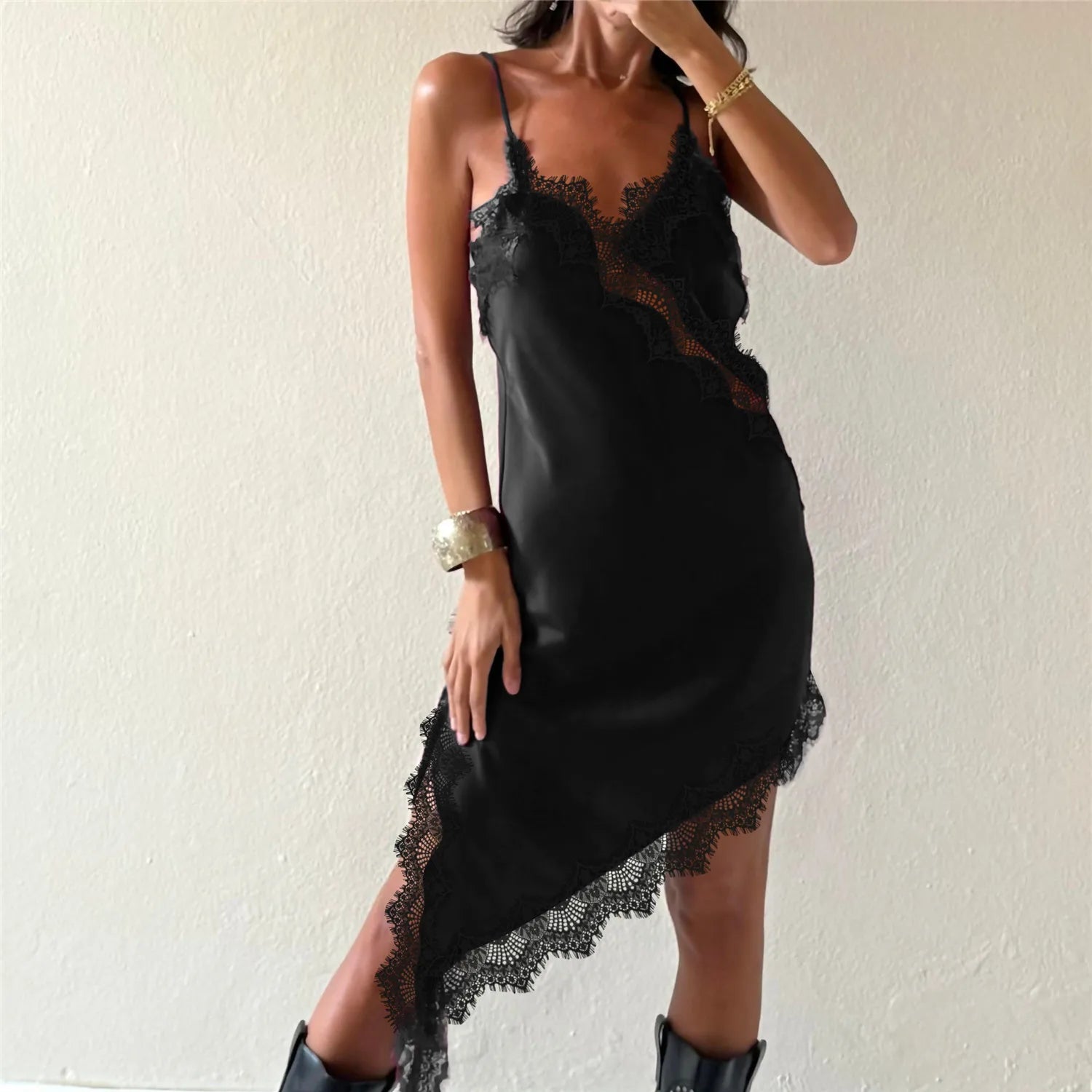 Women Satin Lace Trim Spaghetti Cami Tops Y2k Strap Side Split Asymmetrical Cami Top Dress Loose Silky V Neck Flowy Party Dress