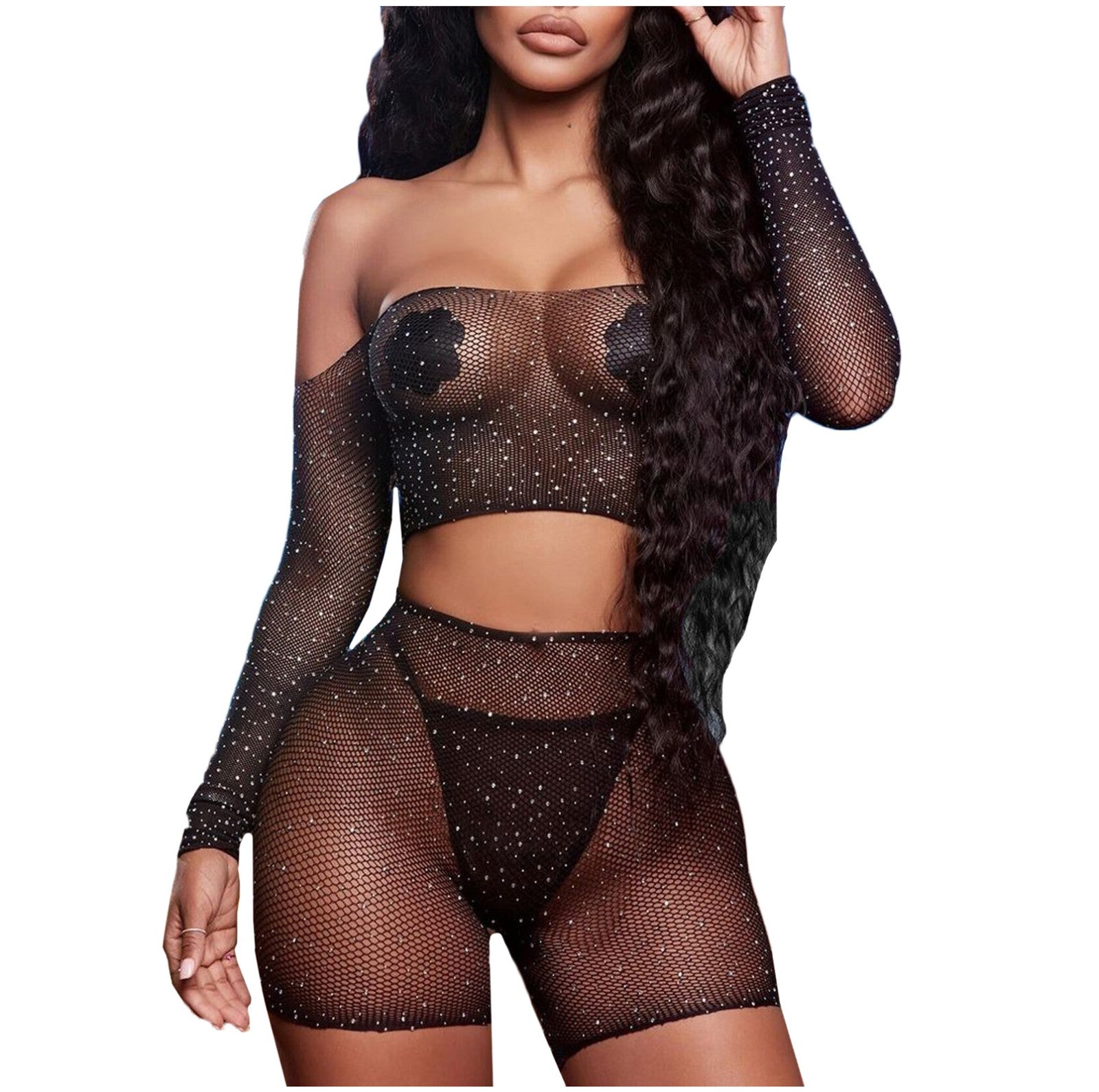 Sheer Rhinestone Sexy Mesh Lingerie Set For Fine Women Outfit Lace Transparent Tops Shorts Crotch Fishnet Lingerie Set