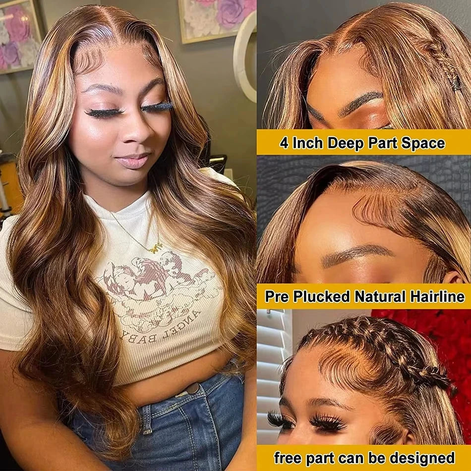 Highlight Ombre Body Wave 220 250 Density 13x4 Lace Front Wig Human Hair 13x6 Honey Blonde P4/27 Colored HD Lace Frontal Wigs
