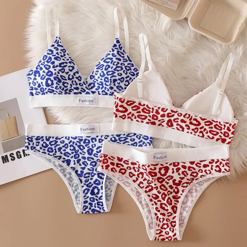 Women V-neck Bra And Panties Set Low Waist Panties Female Sexy Lingerie Set Leopard Print Cotton Bra Sport Underwear Set