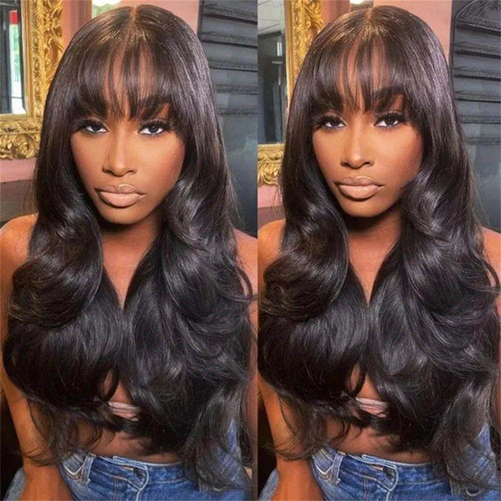 Body Wave Human Hair Wig with Bangs Middle Part 3x1 Lace Frontal Wig with Bangs Brazilian Human Hair Body Wave 34 Inch for Women
