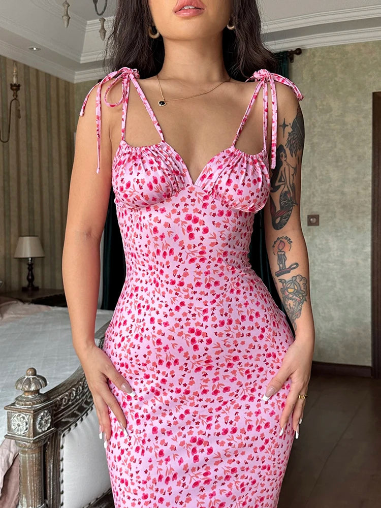 Dulzura Women Floral Print  Sleeveless Bodycon Maxi Dress Outfits Birthday Party Club Clothes
