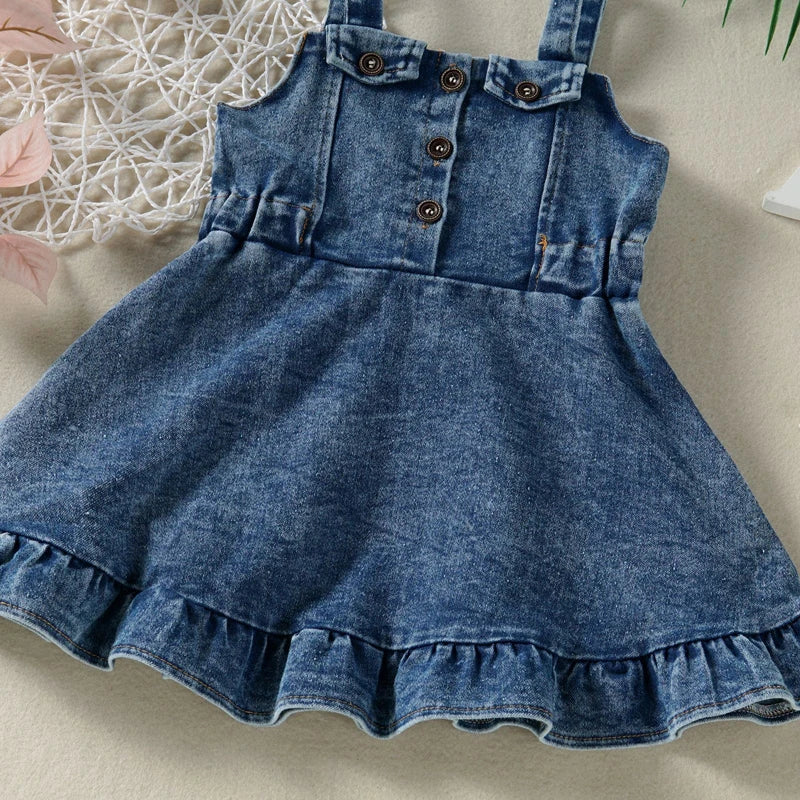 Lioraitiin Baby Girl Off Shoulder Ruffle Denim Dress with Sleeveless Button Down - Cute Summer Outfit for Toddlers