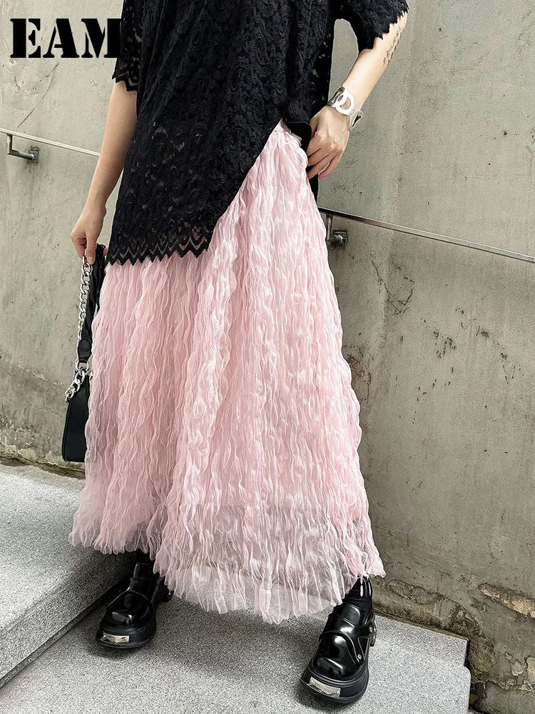[EAM] High Elastic Waist Black Pleated Mesh Casual A-line Half-body Skirt Women Fashion Tide New Spring Autumn 2026  1DH5148