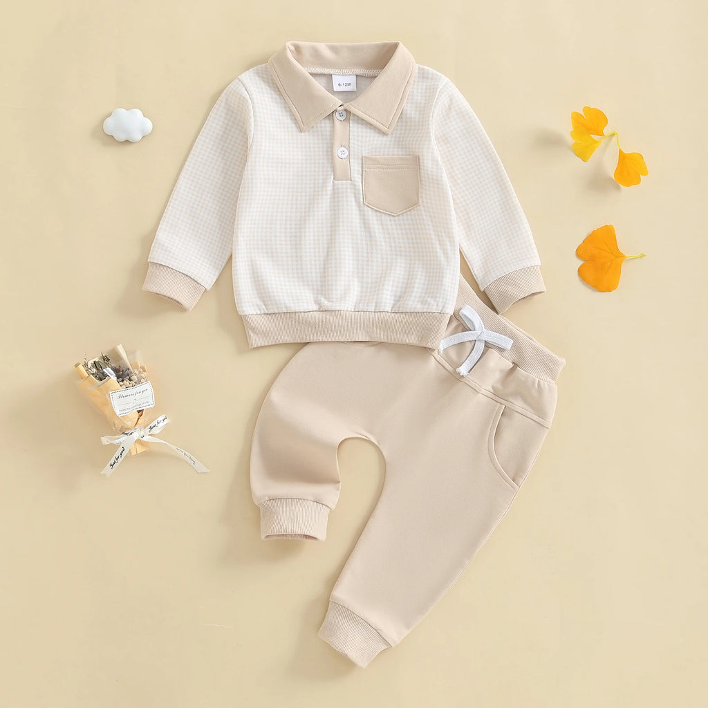 2025-06-03 Lioraitiin Toddler Baby Boys Fall Set Plaid Long Sleeve Lapel Tops and Solid Color Bow Pants with Pocket 2Pcs Outfits