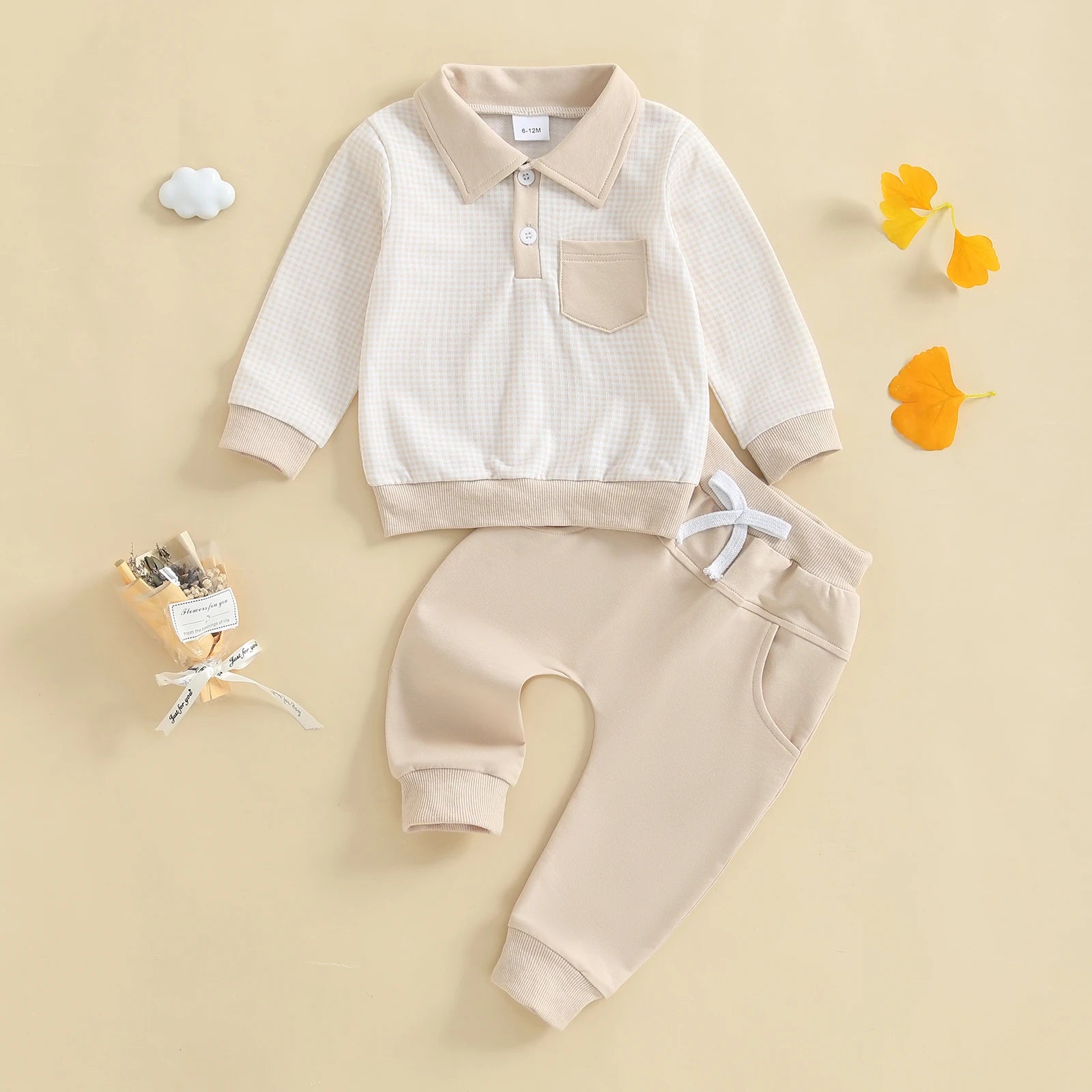2025-06-03 Lioraitiin Toddler Baby Boys Fall Set Plaid Long Sleeve Lapel Tops and Solid Color Bow Pants with Pocket 2Pcs Outfits