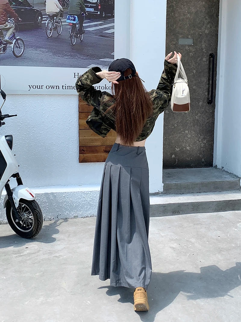 Qiukichonson Grey Midi Long Skirts Womens Trousers Skirt 2022 Autumn Winter Goth Lolita High Waist Asymmetrical Pleated Skirts