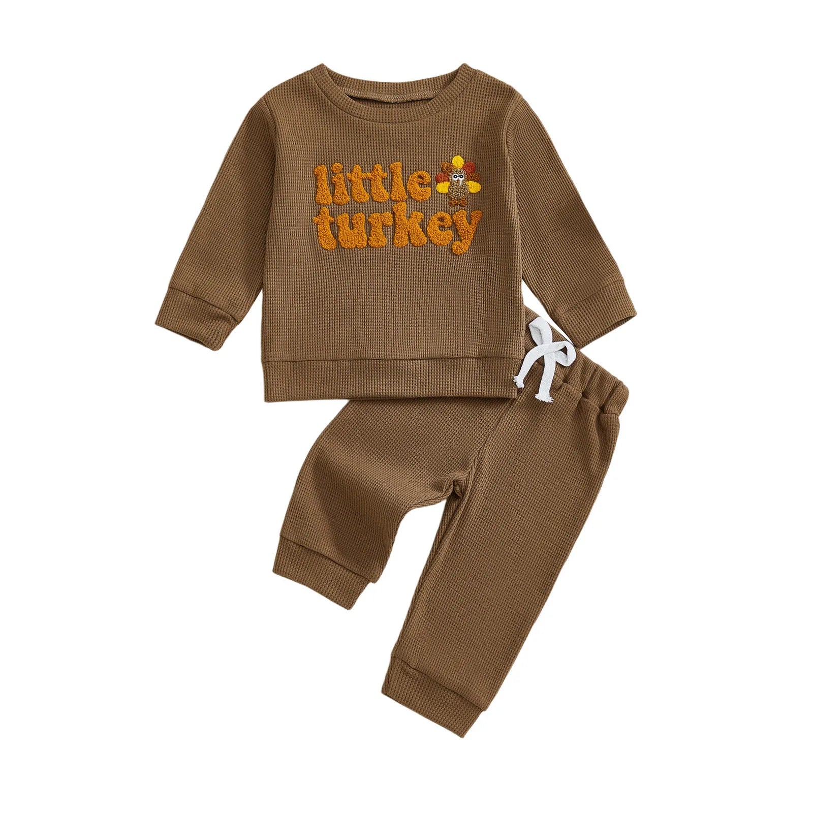 Toddler Baby Boys Thanksgiving Outfit Turkey Letter Embroidery Long Sleeve Pullover Elastic Waist Solid Pants 2Pcs Waffled Set
