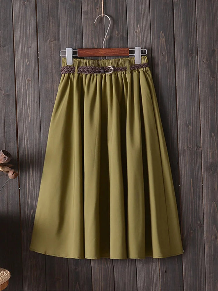 Midi Knee Length Summer Skirt Women With Belt 2025 Fashion Korean Ladies High Waist Pleated A-line School Skirt Female