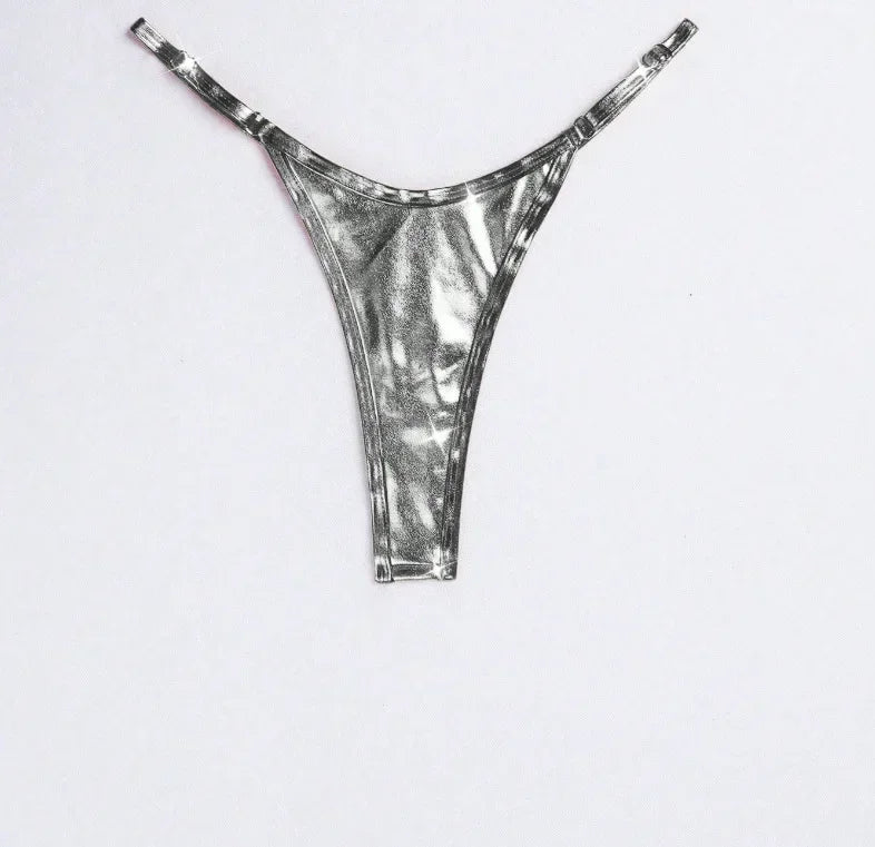 Women Adjustable Strap Thong Lady Briefs Panties G-string Glossy Triangle Shape Solid Color Elastic Mid Waist Ladies Underpants